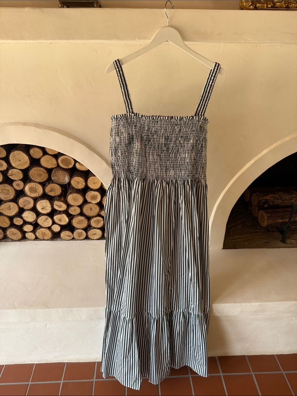 Hill House Striped Smocked Sundress - Dark Green & White